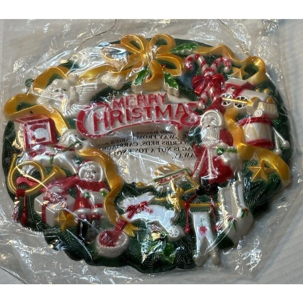 Merry Christmas Wreath Hard Molded decorated Santa Candy Cane Teddy Bear Angel